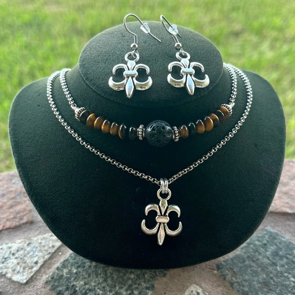 Set ! Fleur de lis / lys lily flower tiger eye necklace + earrings boho gems - Picture 8 of 16